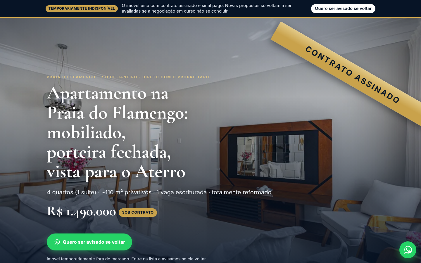 Página real do primeiro caso, apartamento na Praia do Flamengo com a faixa de contrato assinado